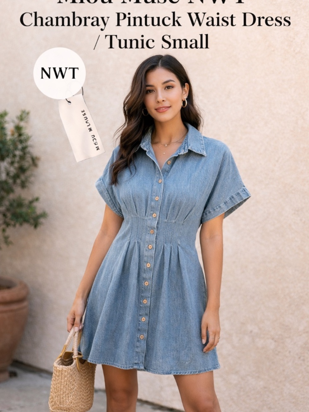 Miou Muse NWT Chambray Pintuck Waist Button Front Dress Tunic Small